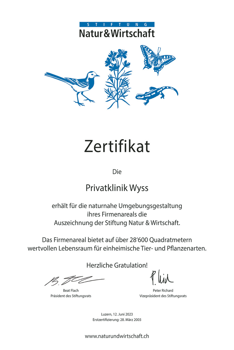 Privatklinik Wyss_Zertifikat_Stiftung Natur und Wirtschaft_2023